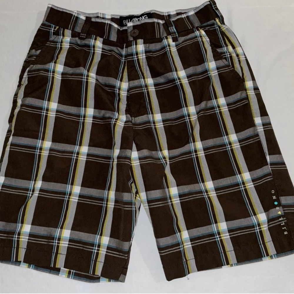 Men’s Billabong Brown Plaid Shorts with Blue and Yellow Stripes Size 33